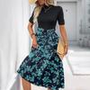 Women's Fashion Casual Belt Short Sleeve Round Neck Floral Elegant Temperament Dress