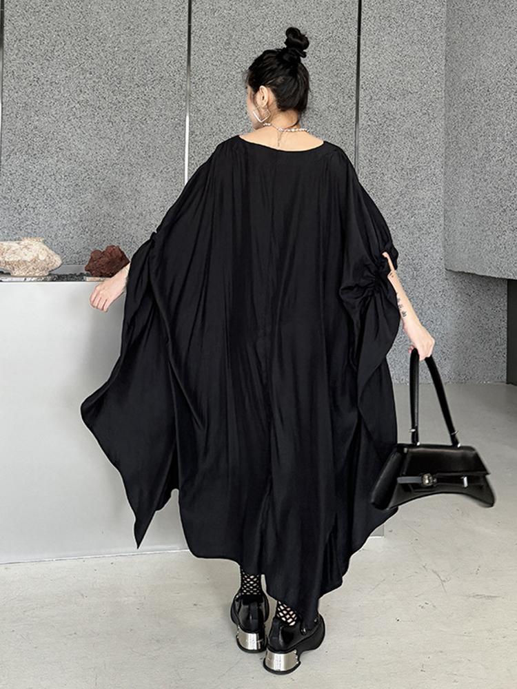 Xitao Black Irregular Batwing Sleeve Dress Loose Fashion Folds Patchwork Hem 2024 Summer New Personality Women WLD20226