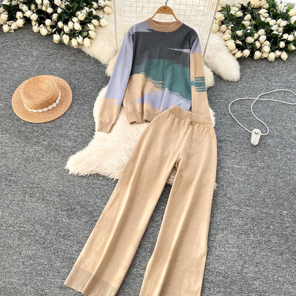 Spring Autumn Oil Painting Print Knitted Sweater Trouser Two Piece Set Women Pullover Tops and Wide Leg Pants Tracksuit