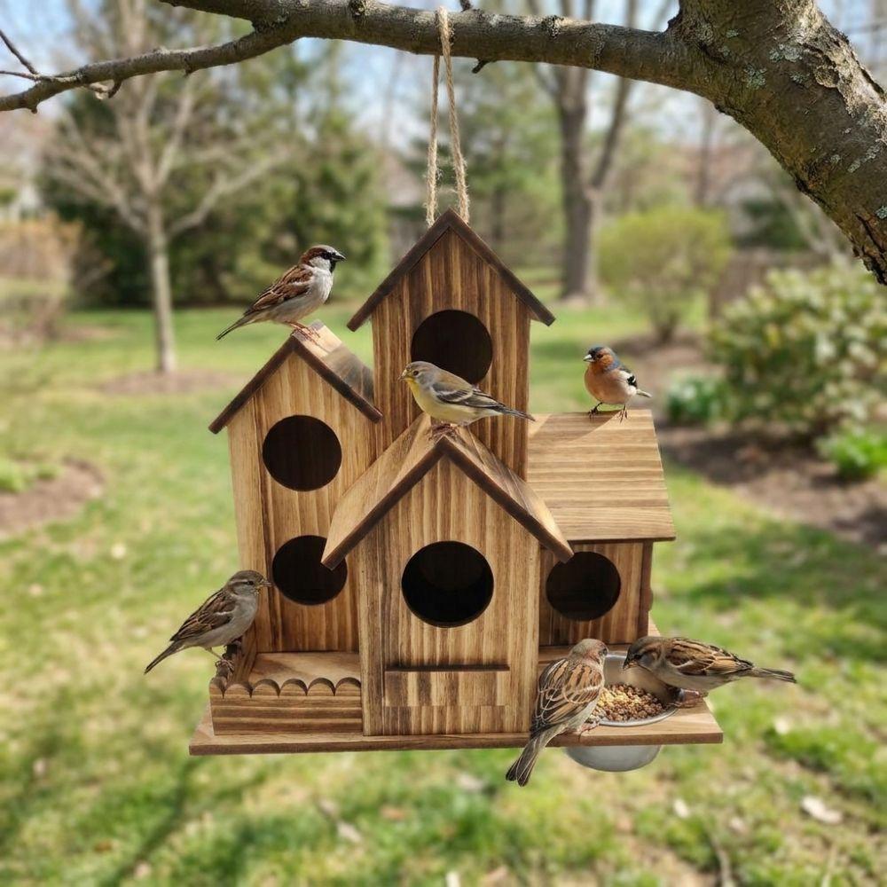 Rustic Style Wooden Bird House Feeder Weather Resistant Hanging Birdhouse Outdoor Use