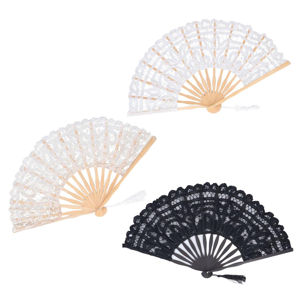 Складной веер из кружева с бамбуковыми костями в винтажном стиле, ручной веер с кисточкой для одежды в стиле деко