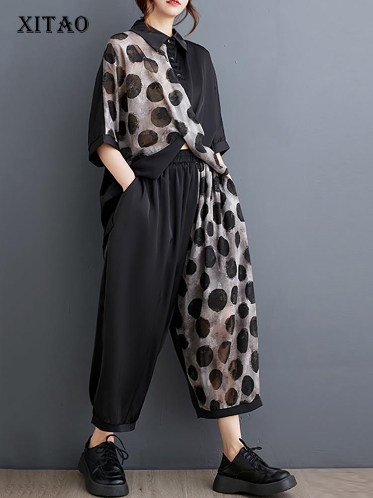 Xitao Комплекты брюк с точечным принтом Однобортный пуловер Асимметричные топы Повседневные комплекты из двух предметов WLD20233