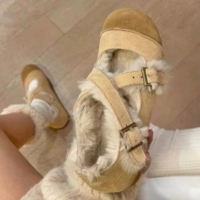 Женские туфли на плоской подошве из меха, замши и хлопка, удобные плюшевые теплые сандалии, женская зимняя мода 2025 года, дизайнерская мода, ретро, повседневная обувь Zapatillas Mujer