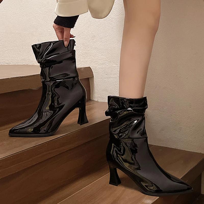 Женские ботильоны на высоком каблуке, массивные кожаные туфли с острым носком, женская зимняя трендовая обувь 2024 года, сексуальные элегантные туфли-лодочки Chelsea Botas Mujer