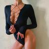 Autumn Long Sleeve V-neck Strap Hollow Out Sexy Jumpsuits Women Fashion Solid Elegant Slim Fit Bodysuits for Women Elegant Casual Ladies Rompers 25758