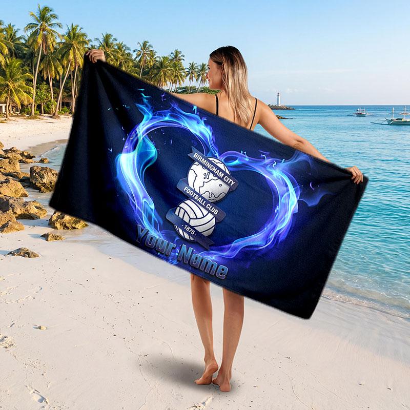 BIRMINGHAM CITY Custom Beach Towel, Personalized Name Text Print, Football Logo Soft Quick‑Dry Towel Holiday Gift