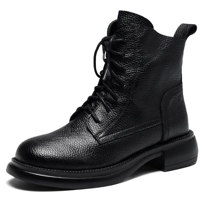 Осенние Новые Повседневные Женские Ботильоны из Натуральной Кожи Мягкие Низкокаблучные Нескользящие Ретро Женская Обувь Платформенные Ботинки