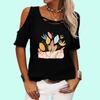 Women Off Shoulder Tee Shirt Fashion Round Neck Floral Print Top Ladies Casual Short Sleeve T-shirt