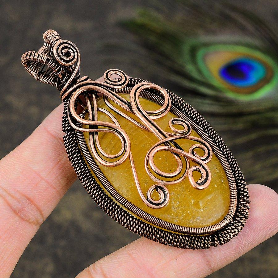 Yellow Fluorite Gemstone Copper Wire Wrap Jewelry Pendant 3.15
