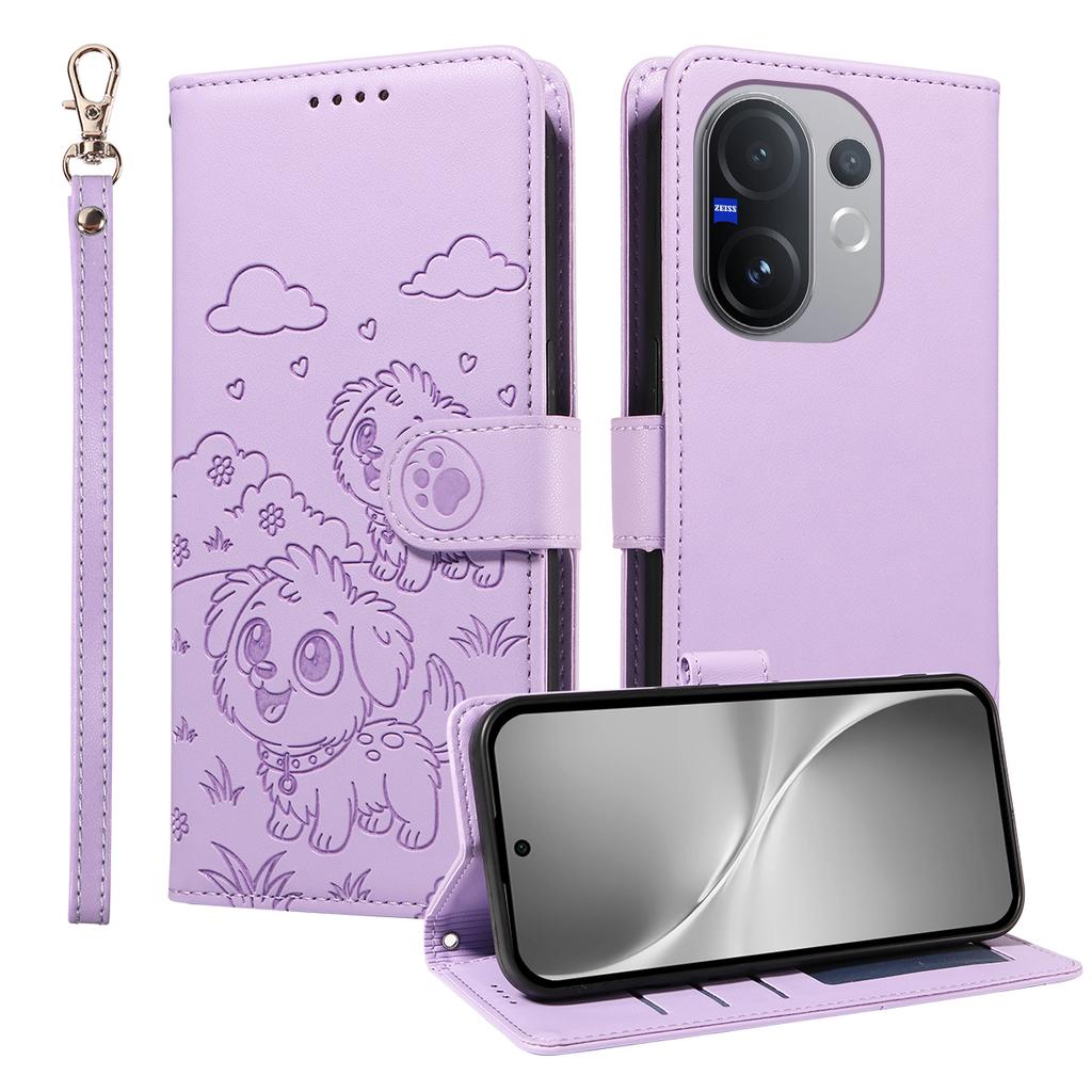 Чехол для vivo V60 5G с блокировкой RFID, с тисненым узором собаки, из ПУ кожи, чехол для телефона с ремешком на запястье