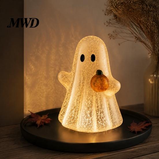 Cute Halloween Desk Accessory Cracked Ghost Figurine Light, Table Centerpiece, LED Light-up Party Centerpiece Holding Pumpkin Ornament for Home Mantel