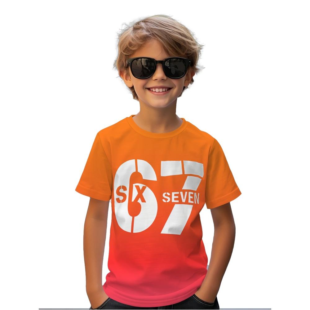 Мальчиковая футболка с графическим 3D-принтом числа 67, удобный топ с коротким рукавом и круглым вырезом, летняя повседневная спортивная детская футболка