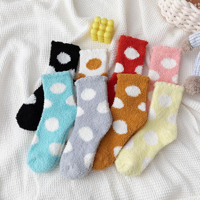 Socks Women Cute Solid Soft Fluffy Dot Socks White Black Coral Velvet Winter Warm Home Indoor Floor Terry Towel Fuzzy Sock Sox