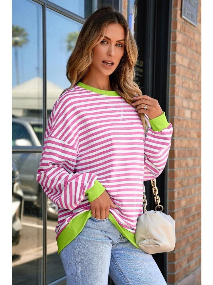 Женский повседневный оверсайз свитшот в полоску, пуловер свободного кроя, футболка с длинным рукавом и круглым вырезом, удобный свитер-рубашка