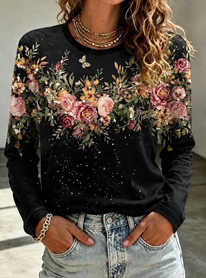 Women's T Shirt Print Floral Graphic Plants Fashion Classic Casual Long Sleeve Crew Neck Regular Tops Daily