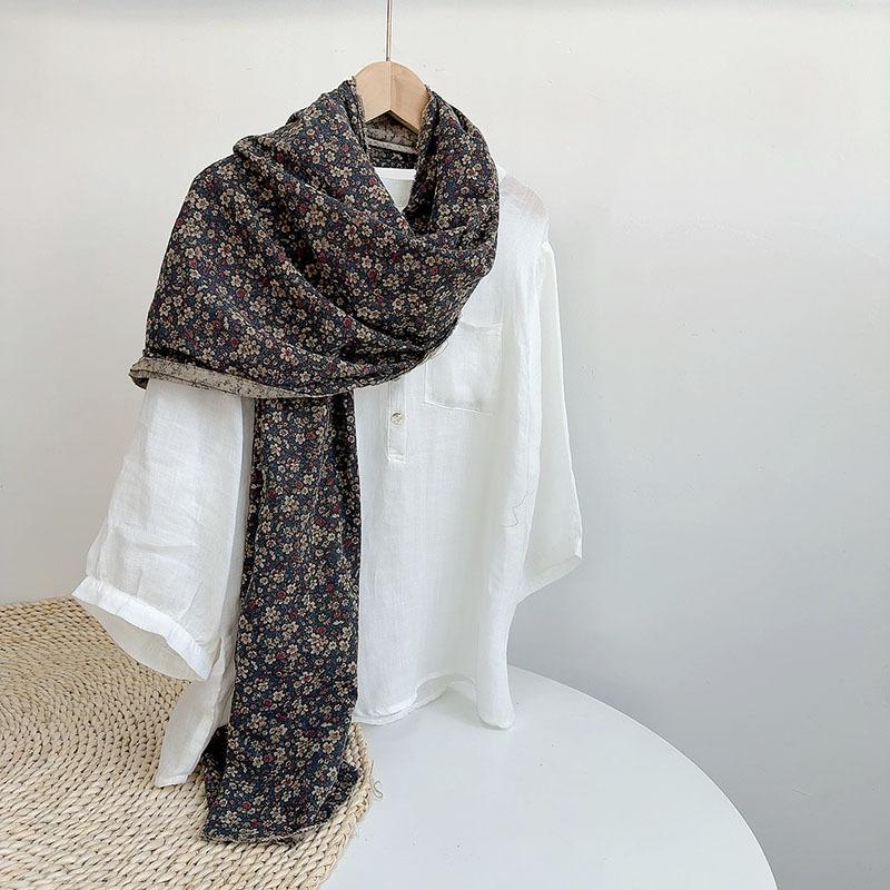 Retro Floral Long Cotton Scarf Soft Neck Protection Warm Triangle Shawl Head Wrap Multi-Functional Print Design for All Ages