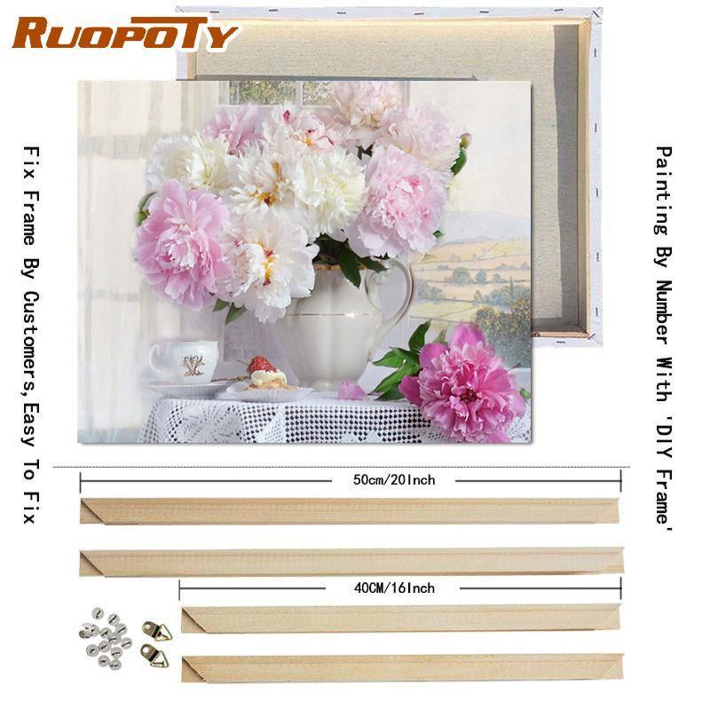 RUOPOTY Краска по номерам, цветок пиона, настенное искусство, уникальный подарок, ручная роспись на холсте, картина по номерам, уличный декор для детской комнаты