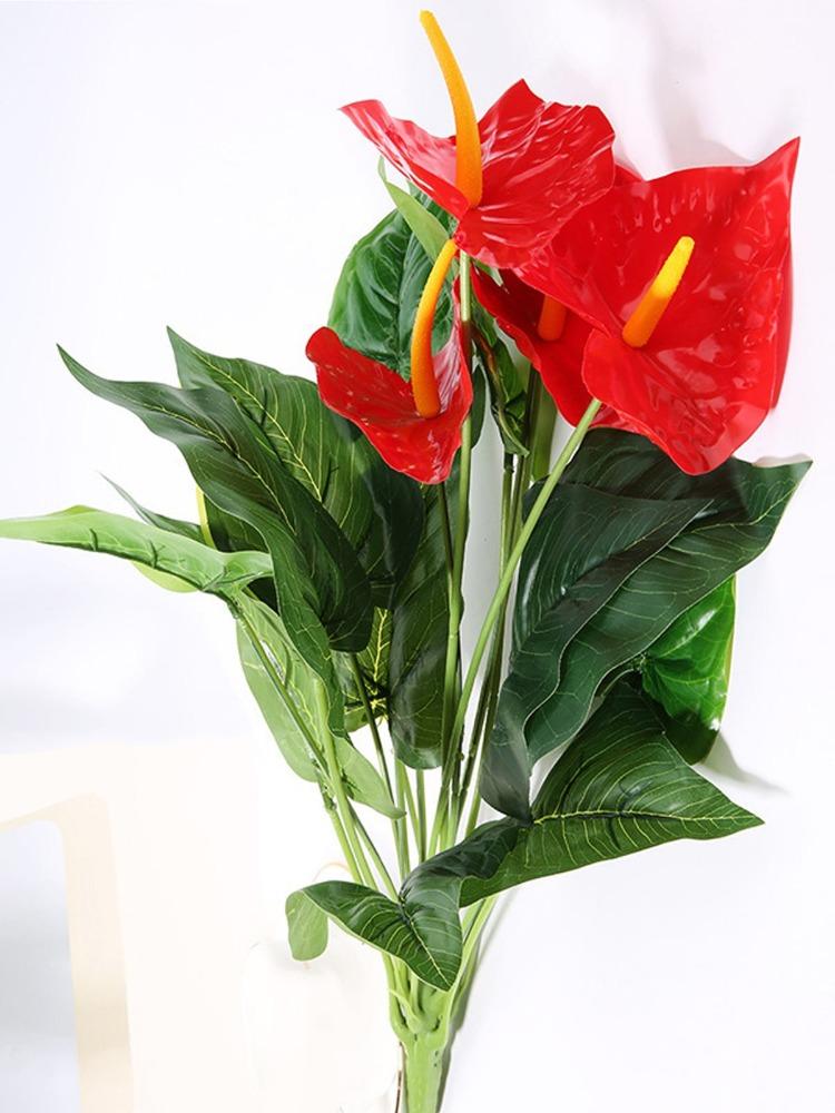 2 пучка красных пальмовых цветов, 10 цветов, искусственные растения, имитация антуриума, зеленые растения, предметы интерьера, украшения для отелей
