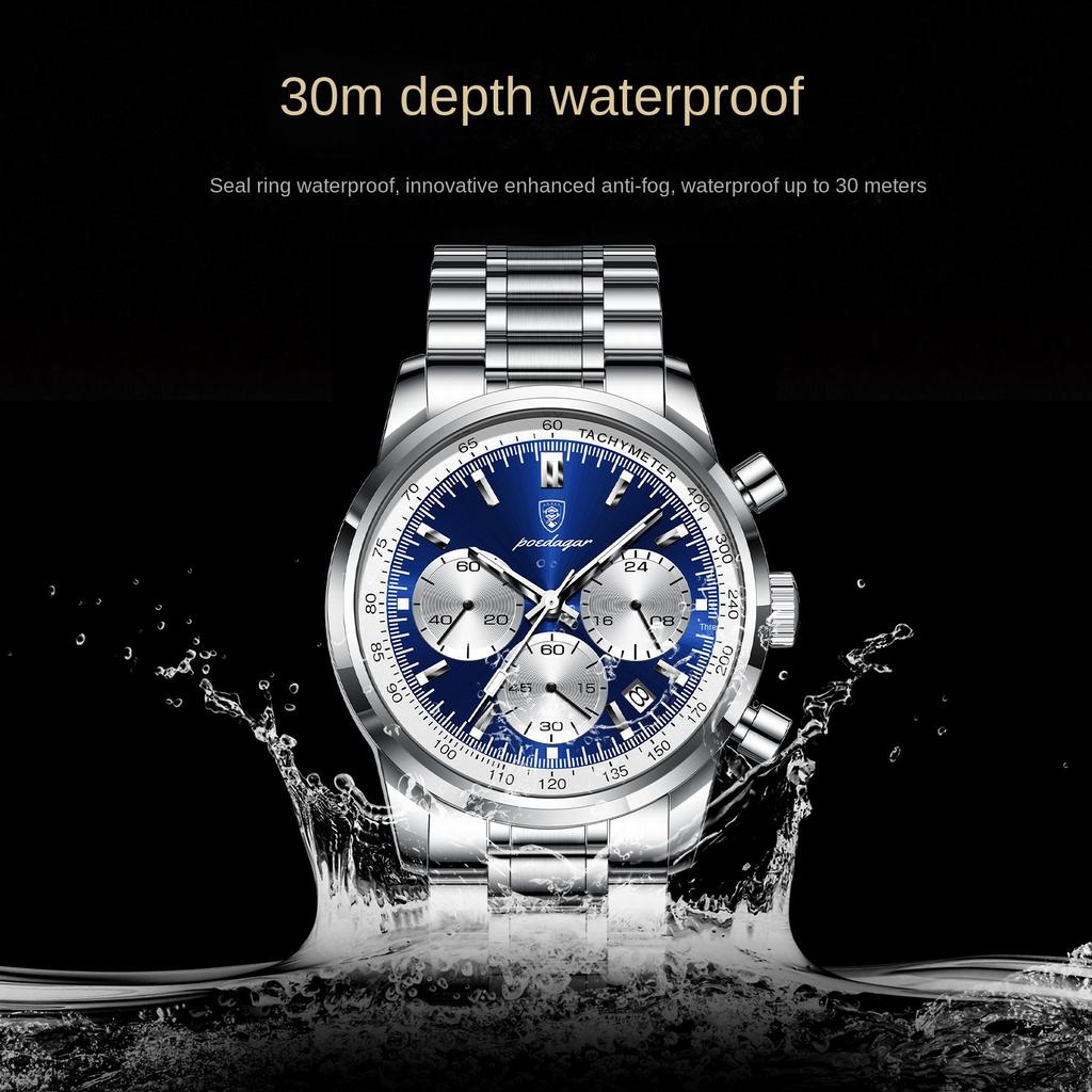 Роскошные новые мужские часы с ремешком из нержавеющей стали, многофункциональные кварцевые наручные часы с хронографом