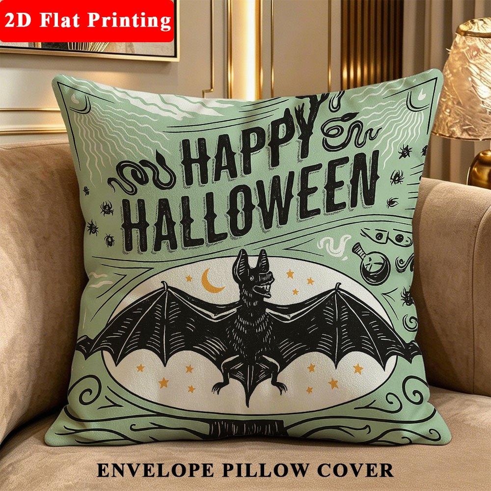 1pc Modern Style Pillow Cover,Happy Halloween Vintage Bat Mint Green Art Refined Polyester Stylish C