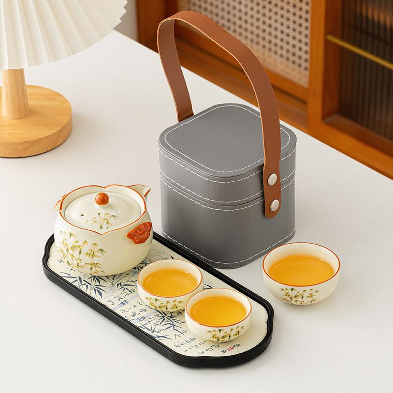 Simple gold silk bamboo rhyme binaural pot travel tea set outdoor camping portable tea set business souvenir