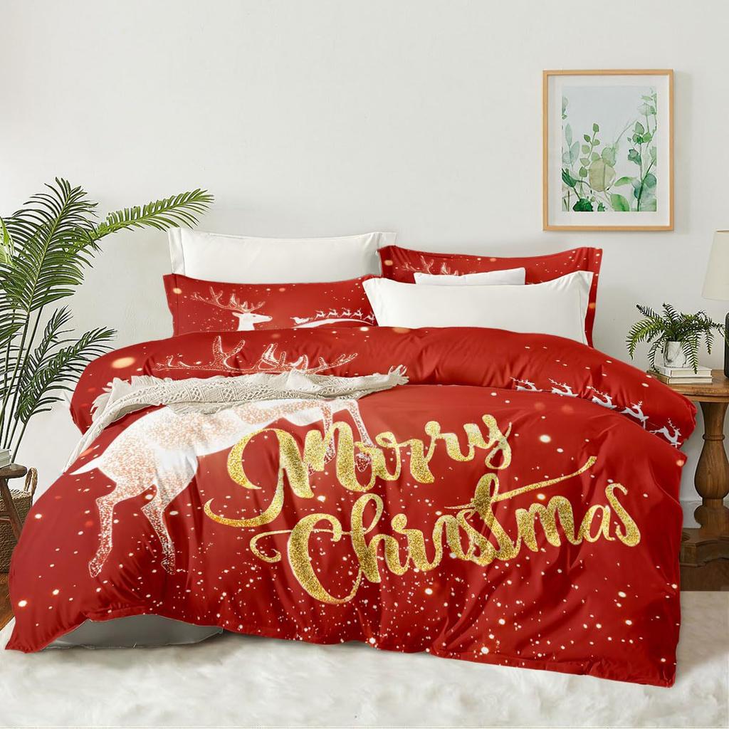 Christmas Element Bow Bell Three-Piece Quilt Cover 3D Digital Printing Bedding Set Bed Cover