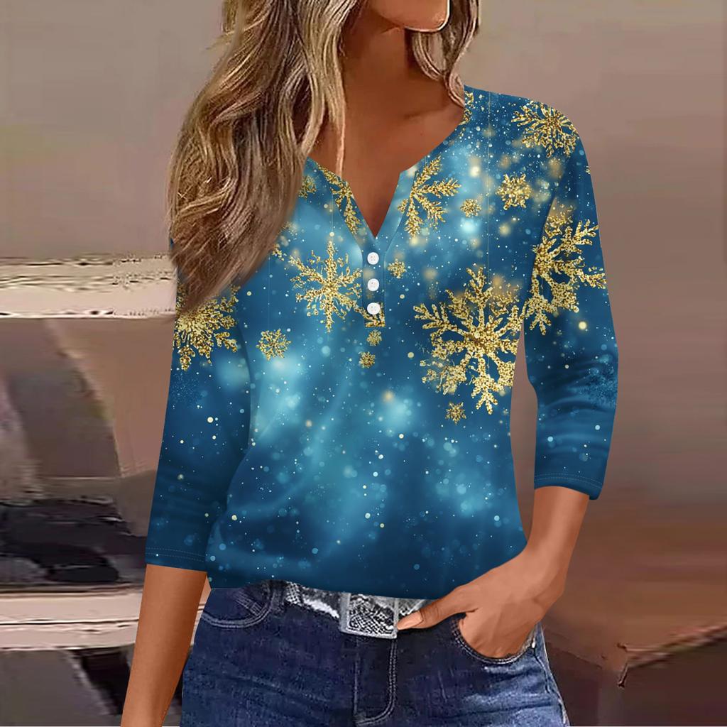 Women's Fashion Casual Christmas Tree Print V-Neck Decorative Button Three-Quarter Sleeve T-Shirt Top