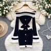 Women Off Shoulder Bodycon Dress Autumn Long Sleeve Metal Button Female Workwear Knitted Color Block Sexy Short Dress