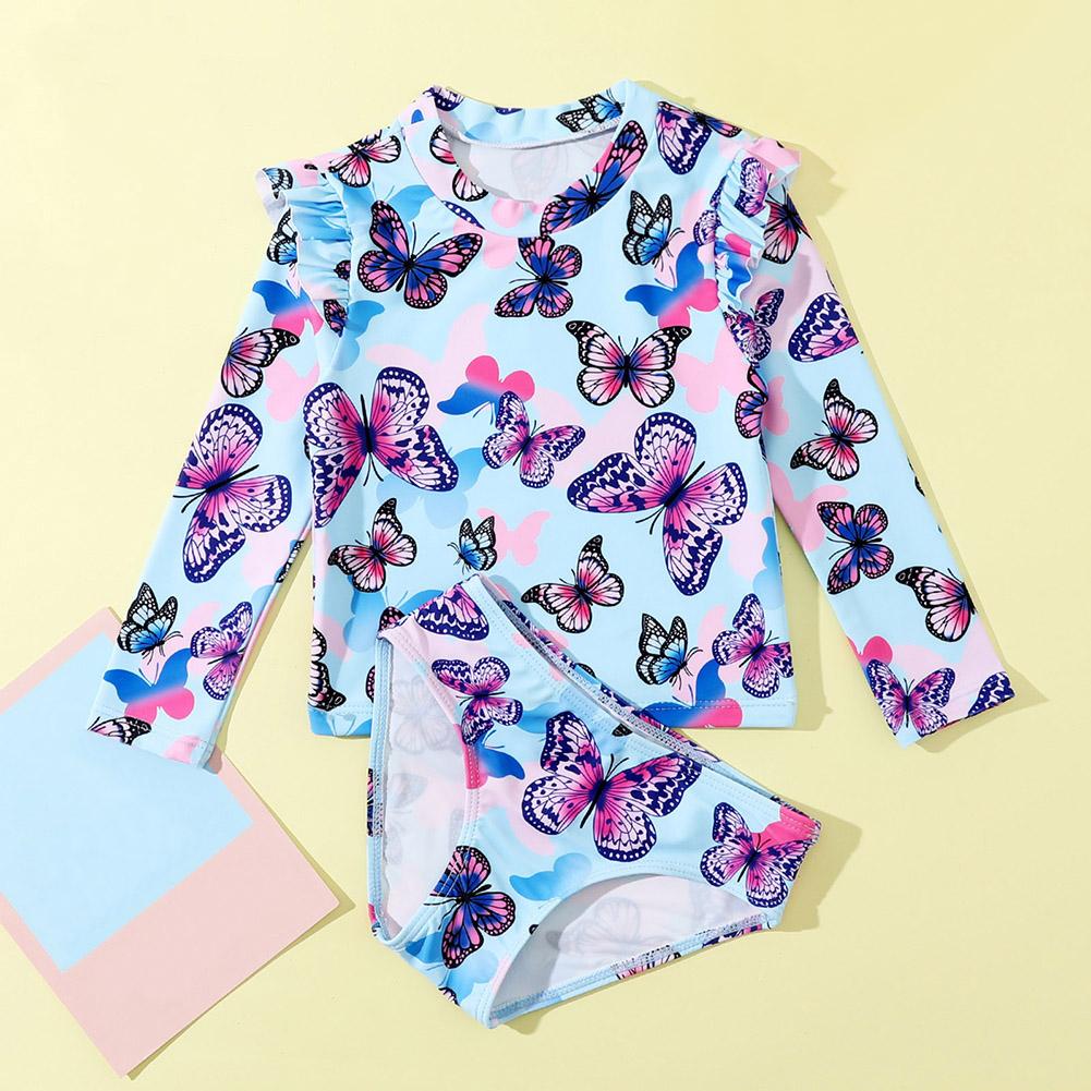 Baby Toddler Girls Rashguard Two Pieces Swimsuit Set Long Sleeve Strawberry Print Bathing Suits Ruffle Striped Bikini Bottoms Swimwear 1-6T