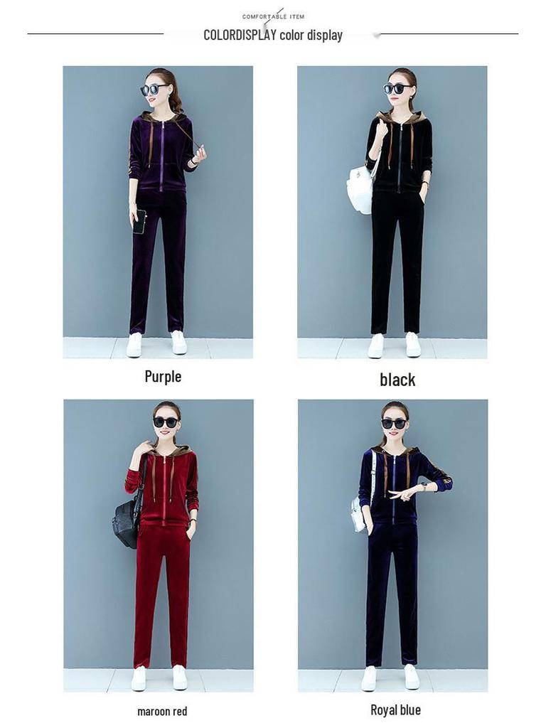 Women's Velvet Hooded Tracksuit - Spring 2025 Fashionable Two-Piece Set for Middle-Aged Moms