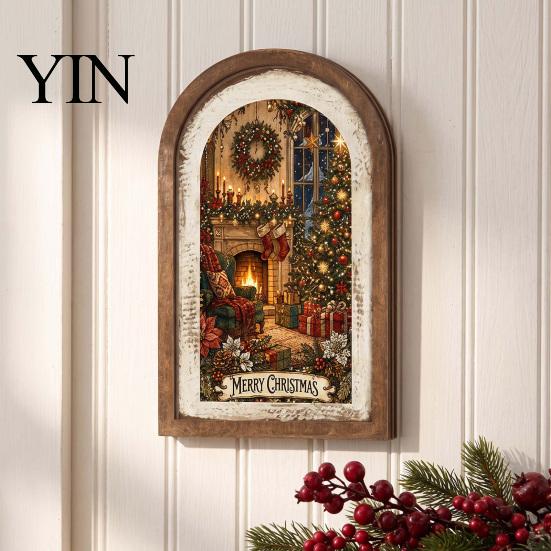 Christmas Garden Decorations Campfire Dinner Wooden Wall Art, Festive Holiday Framed Decor for Ornaments Living Room, Rustic Hanging Ornament