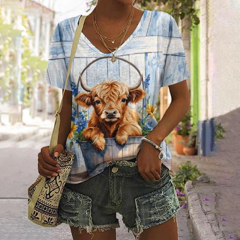 Женская футболка с изображением животных, летняя повседневная футболка с короткими рукавами, милый топ с принтом теленка, уличная мода с 3d принтом, женская одежда в стиле Харадзюку с v-образным вырезом