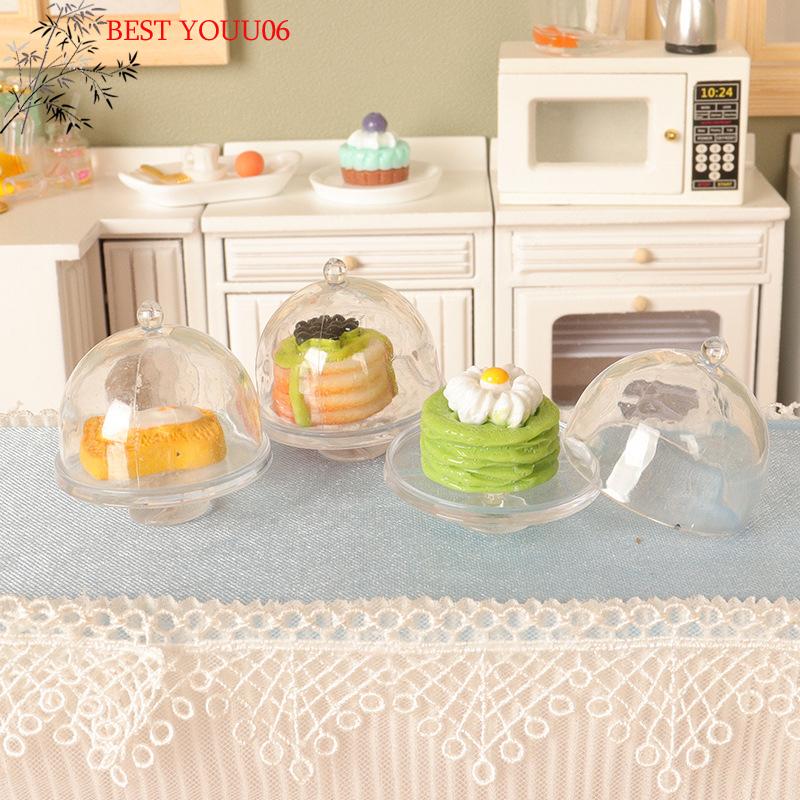 (YOUU06)1Pc Dollhouse Miniature Cake Transparent Tray W/Cover Dessert Display Rack Kitchen Model Decor Toy Doll House Accessory