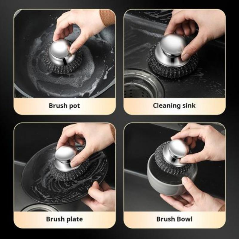 Stainless Steel Pot Brush with Replaceable Stains Oil Rust Removal Wire Head Ergonomic Handle Kitchen Scrubber
