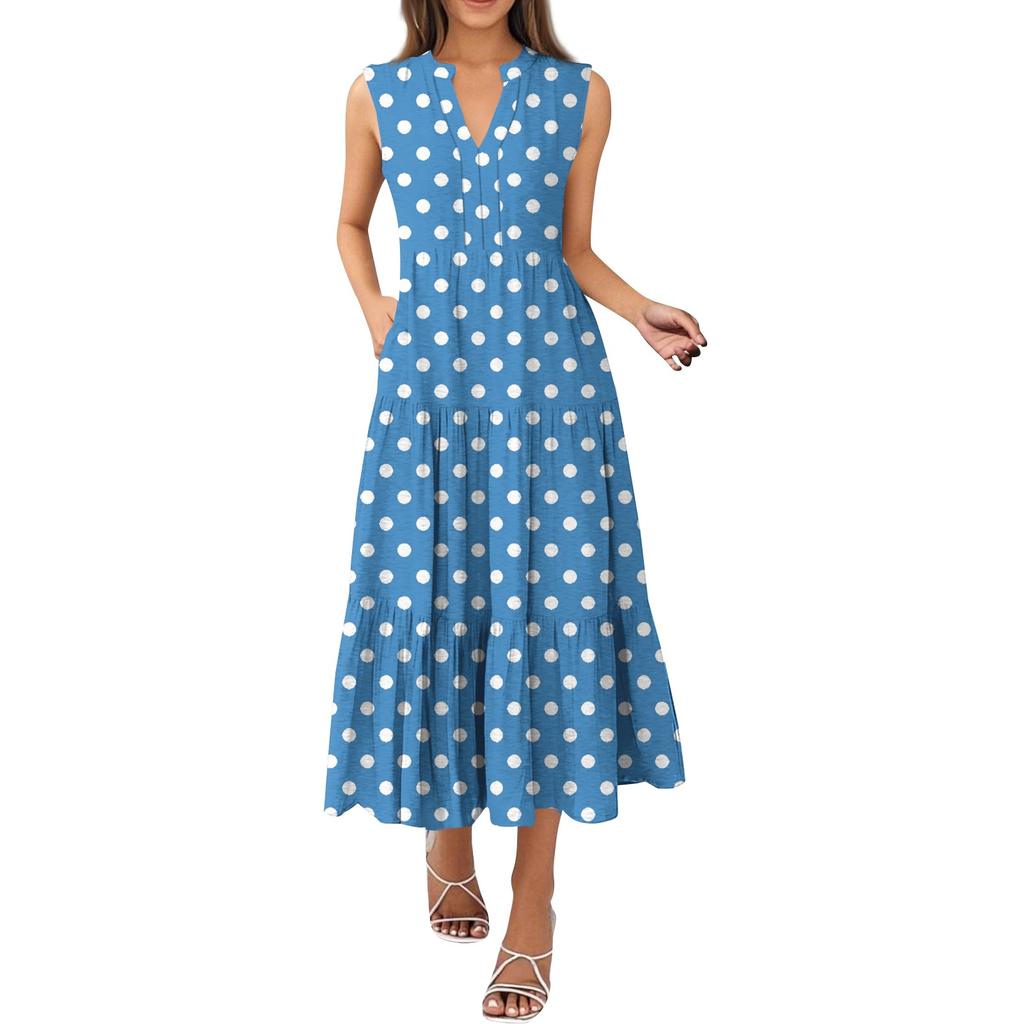 Женские модные летние платья без рукавов с V-образным вырезом и принтом в горошек, плиссированные