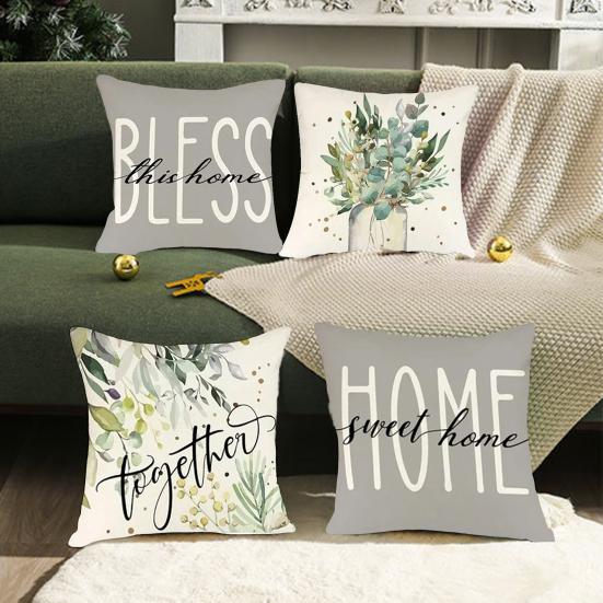 45x45CM Square Pillow Case Natural Plant Fashion Letter Print Modern Zipper Linen