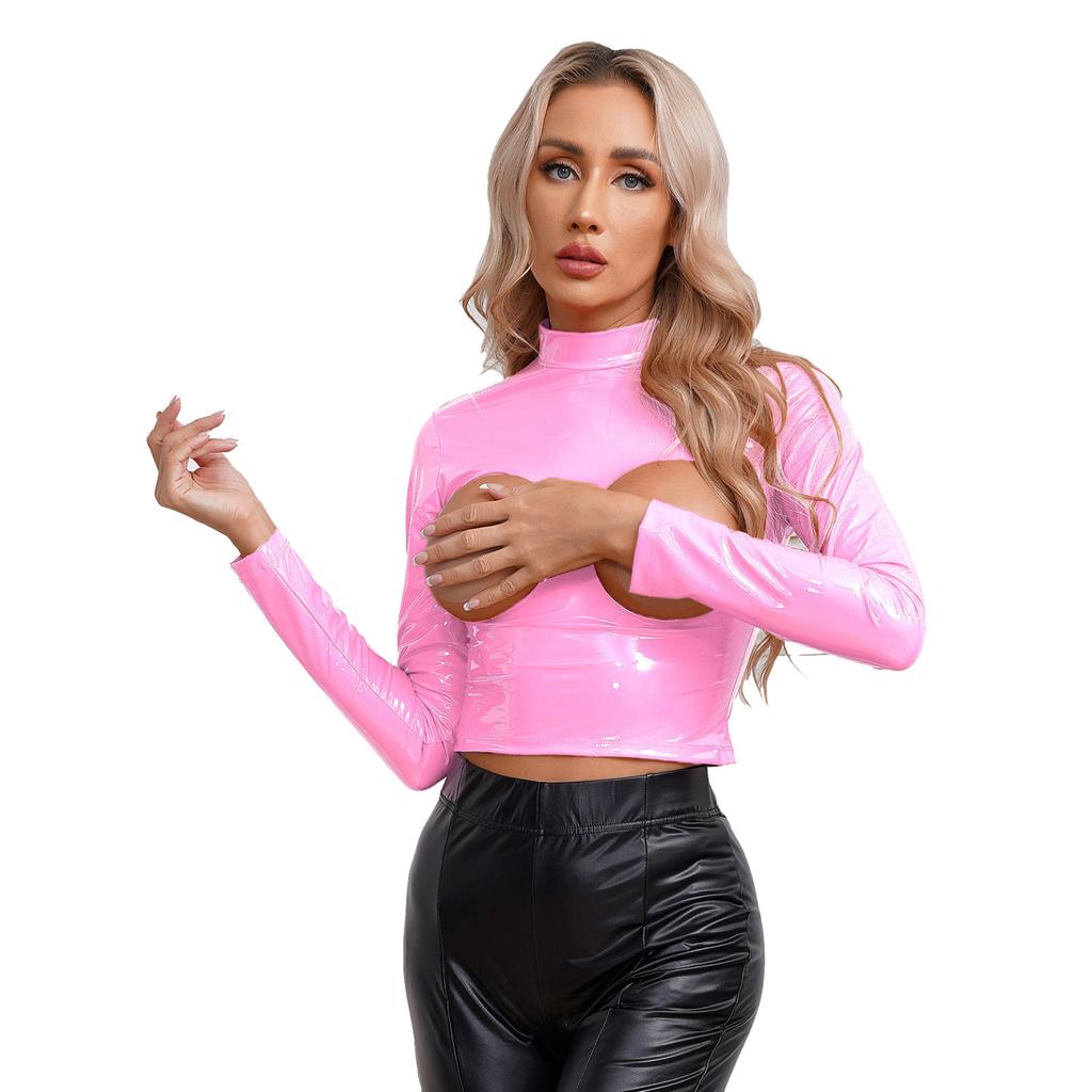 Women's Wetlook Patent Leather Mock Neck Long Sleeve Hollow Out Crop Tops Clubwear