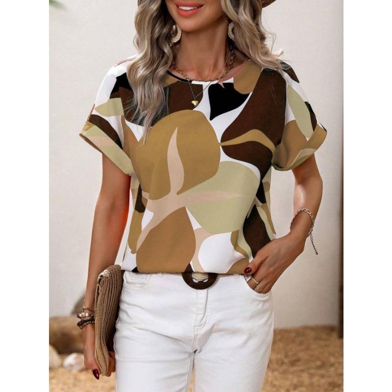 YYFS Женские модные повседневные летние весенние блузки и рубашки с короткими рукавами и круглым вырезом с геометрическим принтом