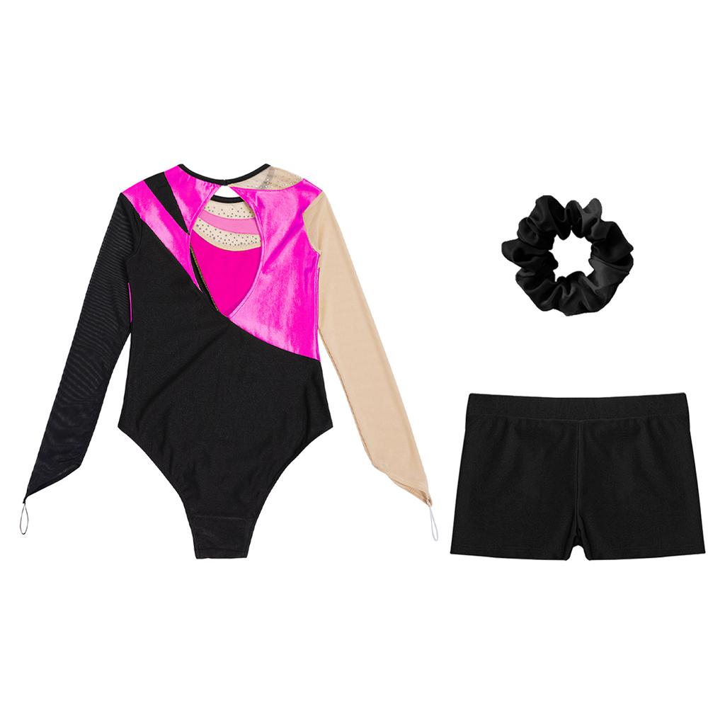 Kids Girls Metallic Long Sleeve Gymnastics Leotard with Shorts Hair Scrunchie Dance Unitard Biketards Dancewear