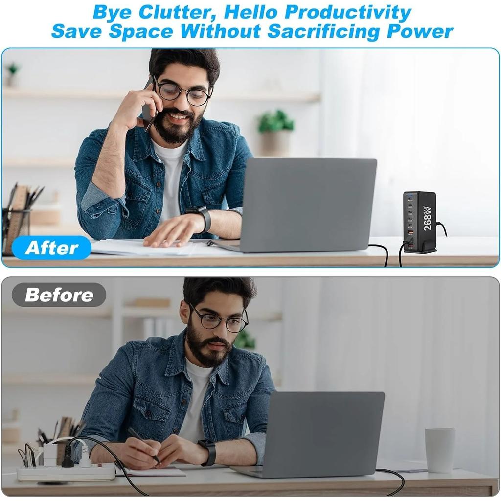 Новое быстрое зарядное устройство Gan USB C мощностью 268 Вт, 6-портовая зарядная станция-концентратор, быстрое компактное зарядное устройство GaN, адаптер питания, совместимое с M