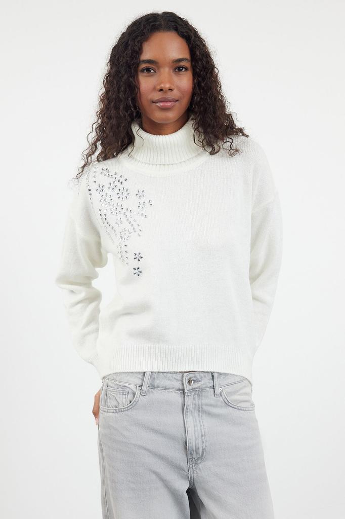 Women's Fashion Stylish Sweater Black Soft Textured Stone Detailed Turtleneck Knitwear Sweater