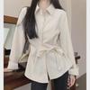 French Women's Long Sleeve Tie Waist Blouse - Chic Slimming Design for Spring & Autumn 2024