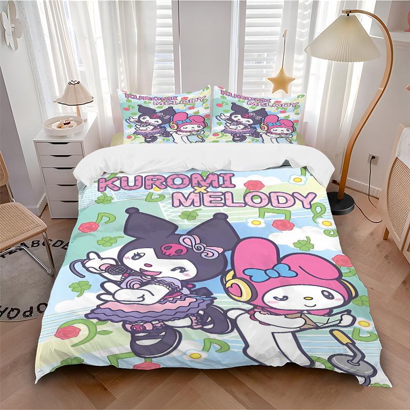 3pcs Musical Adventure Kuromi & Melody Quilt Set - Soft and Comfortable Bedroom, Guest Room and Dorm Decor Bedding Set 1 Quilt Cover + 2 Pil