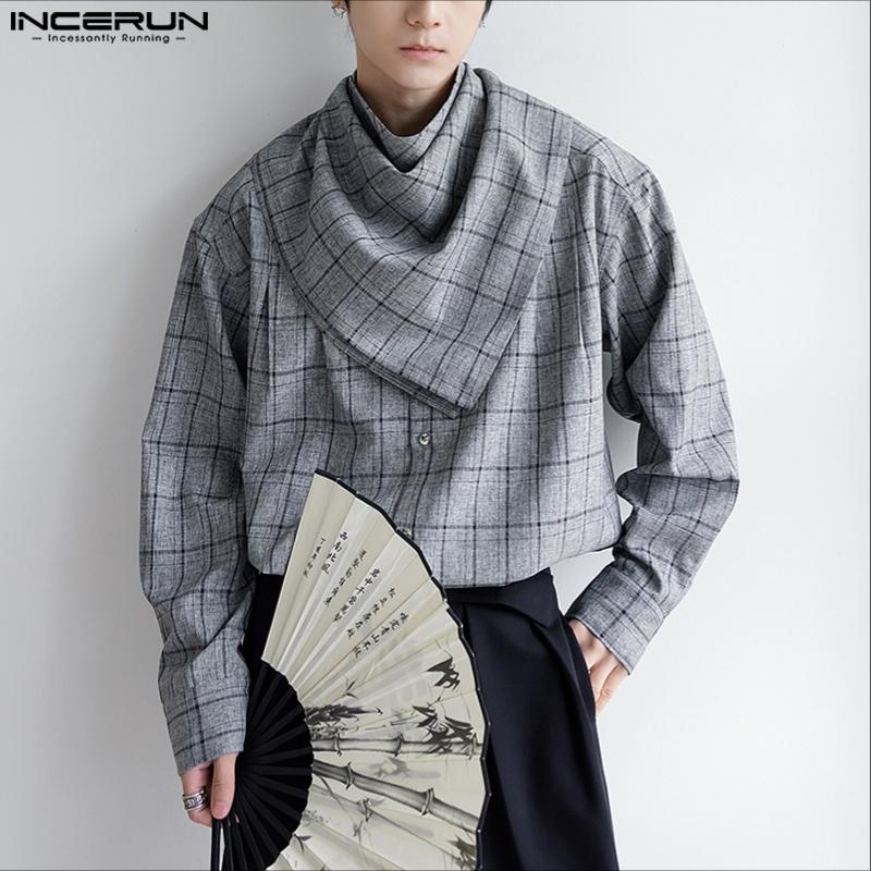 INCERUN Men Stand Collar with Adjustable Scarf Long Sleeve Plaid Loose Oversized Tops Shirts