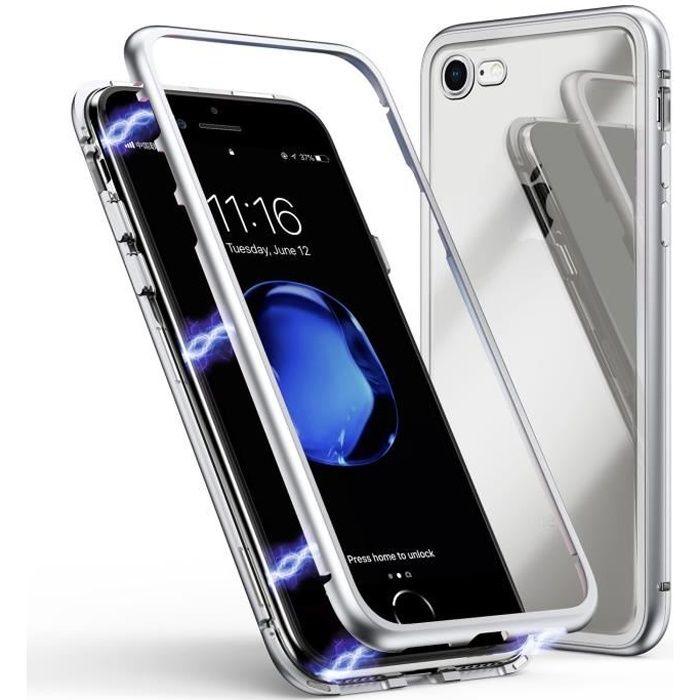 Coque de protection - PHONILLICO - iPhone SE 2020 - Magnétique - Verre Trempé - Argent