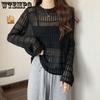 Women's Hollowed Out Knitted Sweater for Spring and Summer Loose Fitting Sun Protection Cover Long Sleeved Unique Top