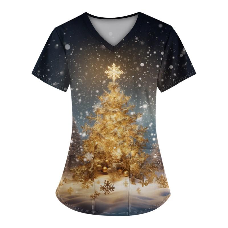 3D Snowman Print V-Neck Short Sleeve T-Shirt Women Men Casual Workwear Comfort Fit 2025