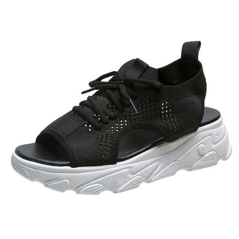 Модные летние женские сандалии повседневные сетчатые полые дышащие туфли с открытым носком на шнуровке кроссовки на танкетке Sandalias Zapatos Mujer