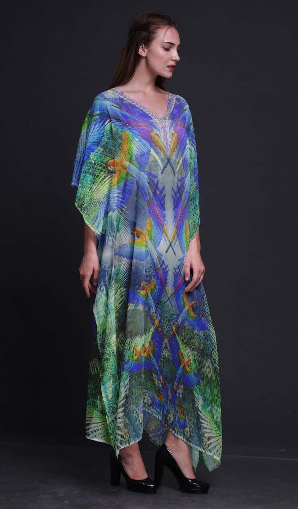 Phagun Branch & Colorful Parrot Bird Long Caftan Maxi Dress Beach Swimwear Cover Up Womens