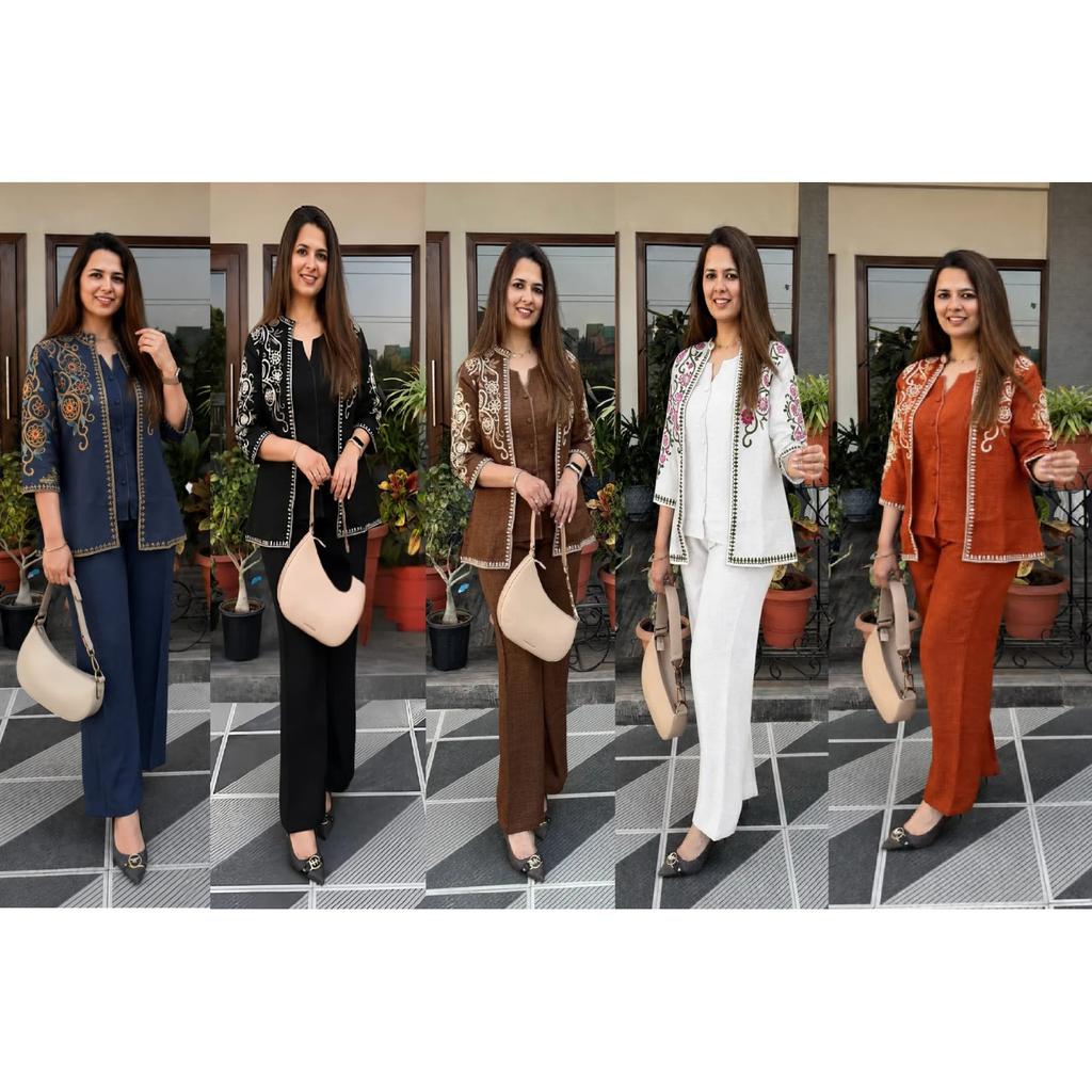 Indian Bollywood Top Pant with Jacket Set Designer Party Wear Kurta Cord Set
